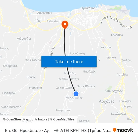 Heraklion - Ag. Sylla Road 298 to Technological Educational Institute of Crete (Nursing Department) map