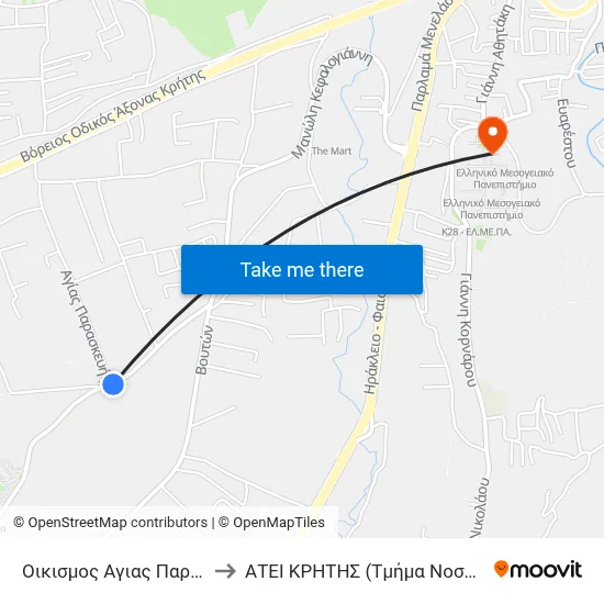 Agia Paraskevi Settlement to Technological Educational Institute of Crete (Nursing Department) map