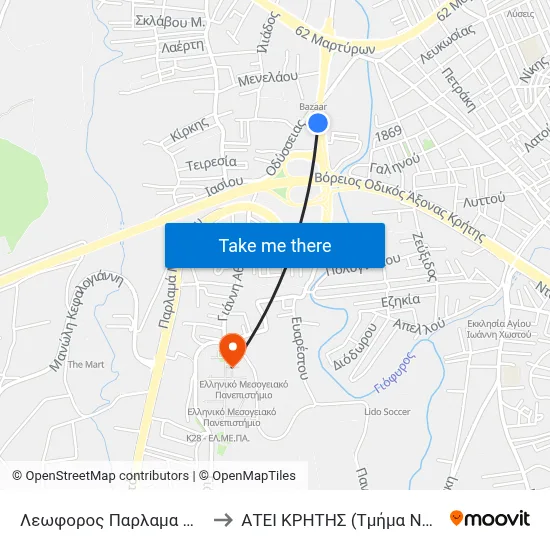 Parlama Menelaou Avenue 26 to Technological Educational Institute of Crete (Nursing Department) map