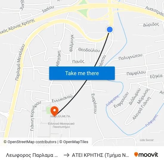 Parlama Menelaou Ave 58 to Technological Educational Institute of Crete (Nursing Department) map