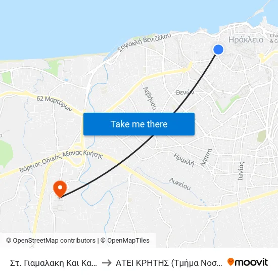 St. Giamalaki and Kazantzaki to Technological Educational Institute of Crete (Nursing Department) map