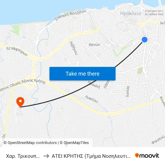 Char. Trikoupi 2 to Technological Educational Institute of Crete (Nursing Department) map