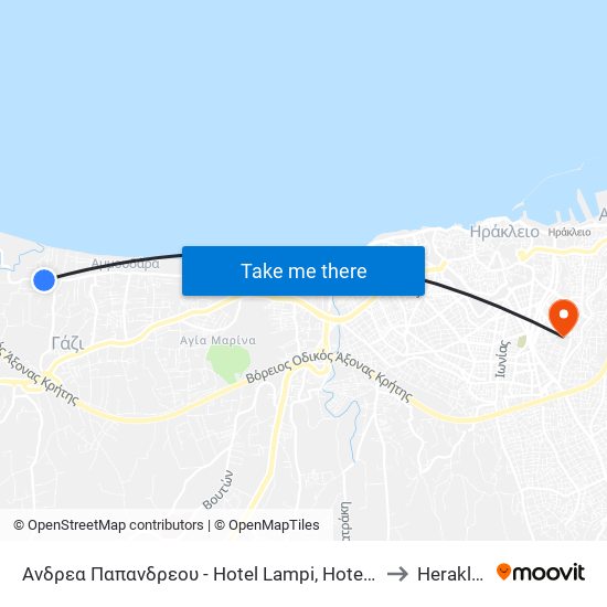 Ανδρεα Παπανδρεου - Hotel Lampi, Hotel Minoa to Heraklion map