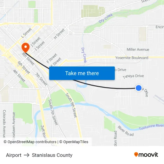 Airport to Stanislaus County map