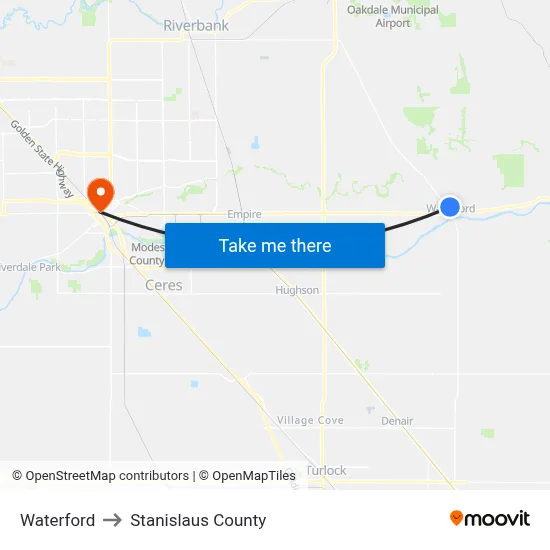 Waterford to Stanislaus County map