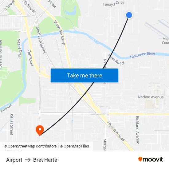 Airport to Bret Harte map