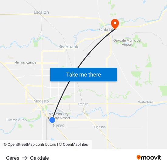 Ceres to Oakdale map