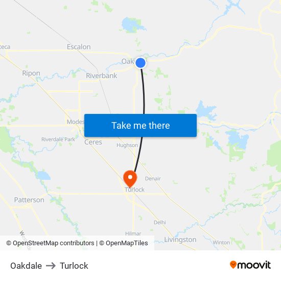 Oakdale to Turlock map