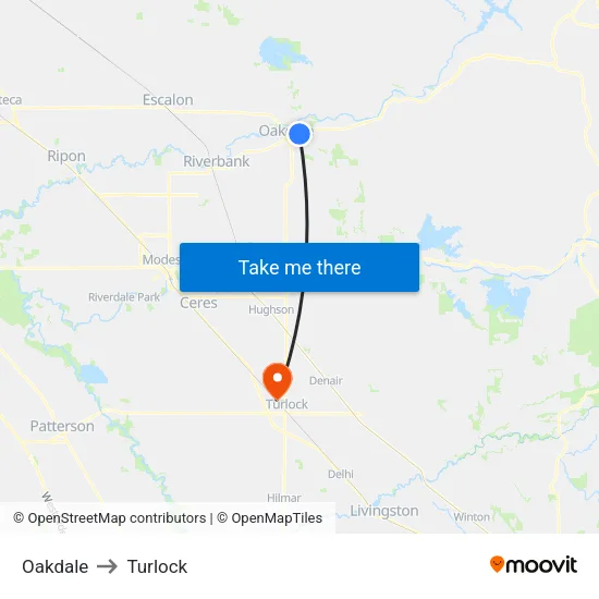 Oakdale to Turlock map