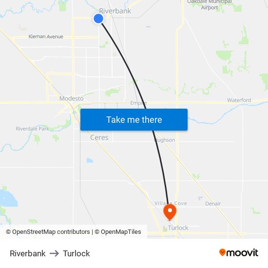 Riverbank to Turlock map