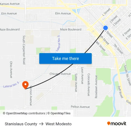 Stanislaus County to West Modesto map
