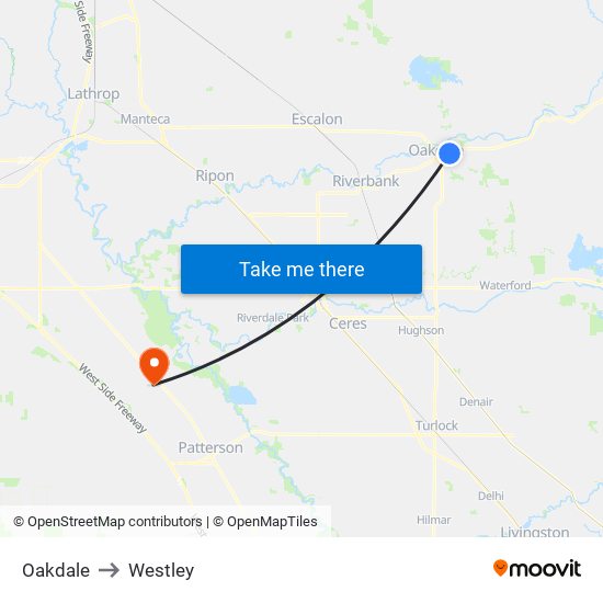 Oakdale to Westley map