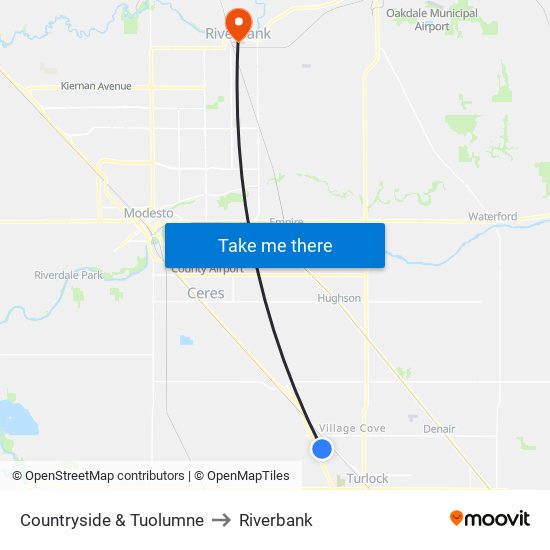 Countryside & Tuolumne to Riverbank map