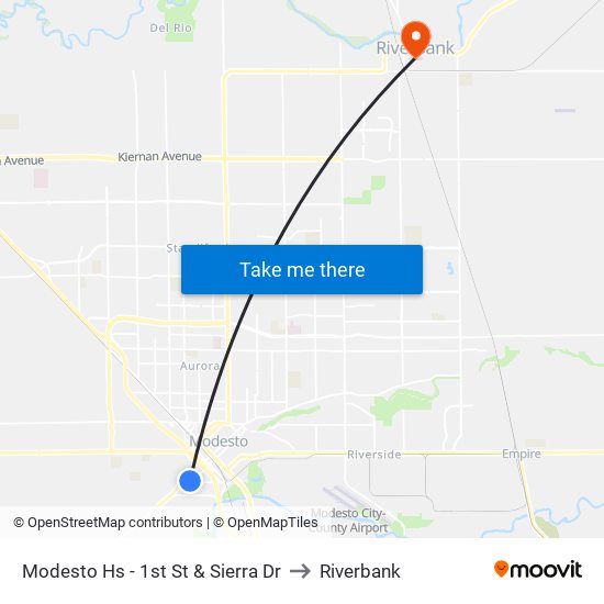 Modesto Hs - 1st St & Sierra Dr to Riverbank map