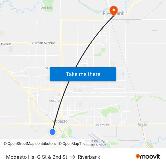 Modesto Hs -G St & 2nd St to Riverbank map
