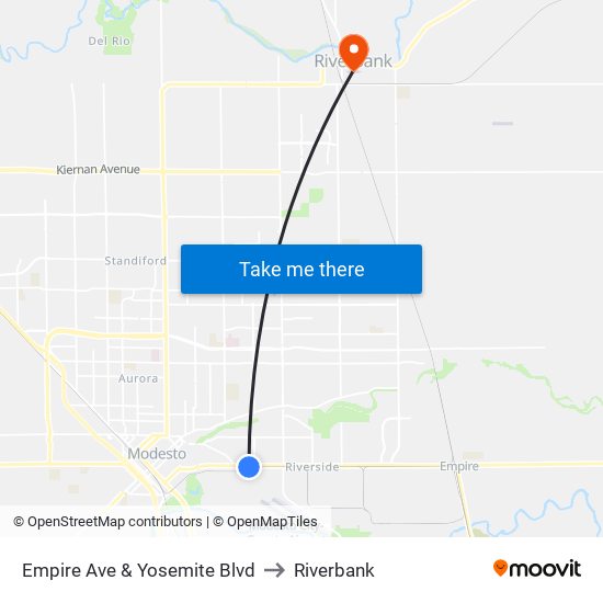 Empire Ave & Yosemite Blvd to Riverbank map