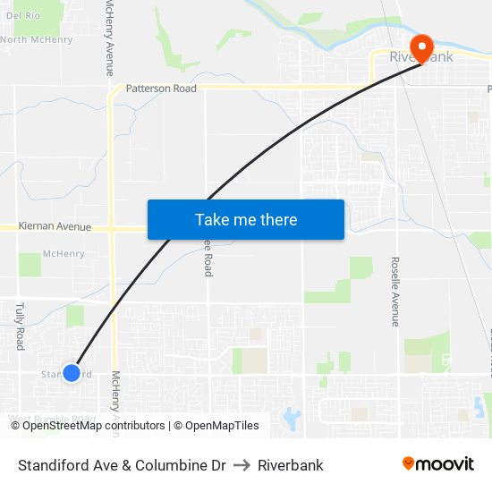 Standiford Ave & Columbine Dr to Riverbank map