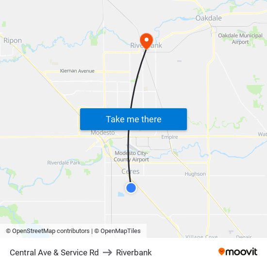 Central Ave & Service Rd to Riverbank map