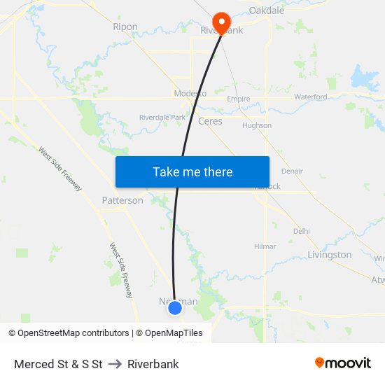 Merced St & S St to Riverbank map