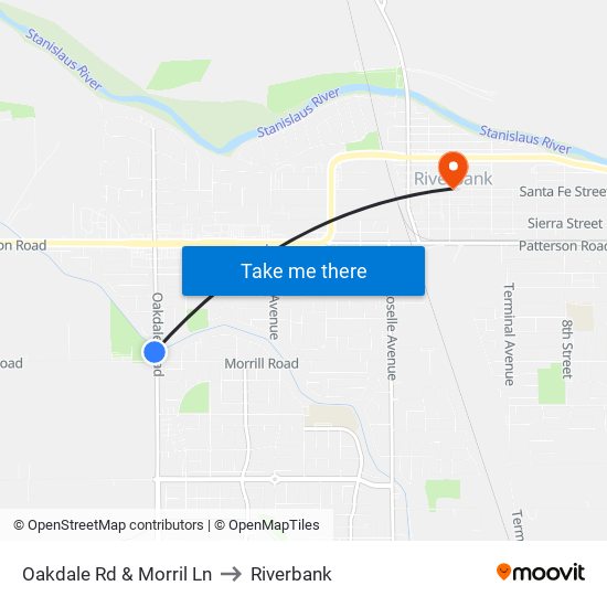 Oakdale Rd & Morril Ln to Riverbank map