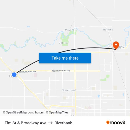 Elm St & Broadway Ave to Riverbank map