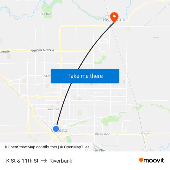 K St & 11th St to Riverbank map