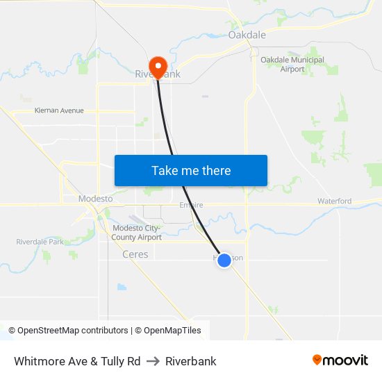 Whitmore Ave & Tully Rd to Riverbank map