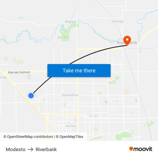 Modesto to Riverbank map