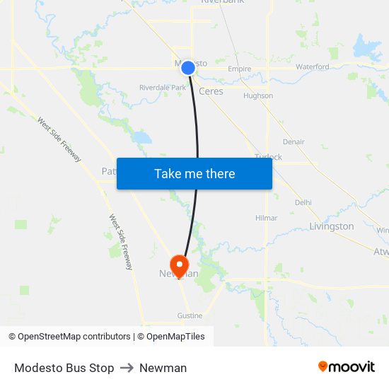 Modesto Bus Stop to Newman map