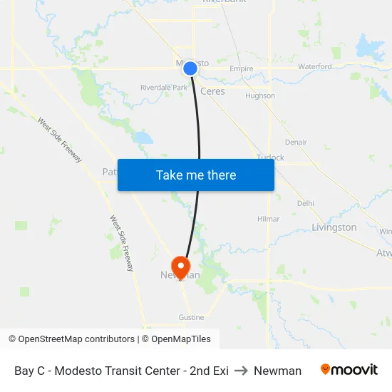 Bay C - Modesto Transit Center - 2nd Exi to Newman map