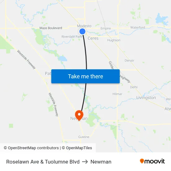 Roselawn Ave & Tuolumne Blvd to Newman map