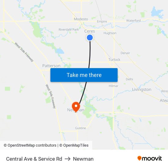 Central Ave & Service Rd to Newman map