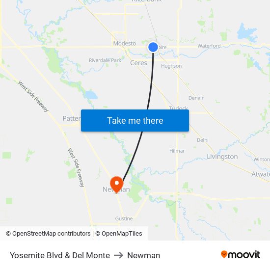 Yosemite Blvd & Del Monte to Newman map