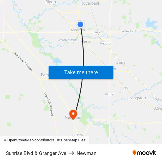 Sunrise Blvd & Granger Ave to Newman map