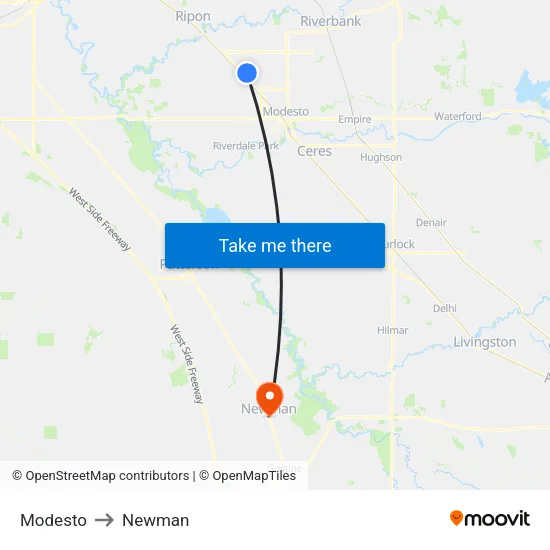Modesto to Newman map