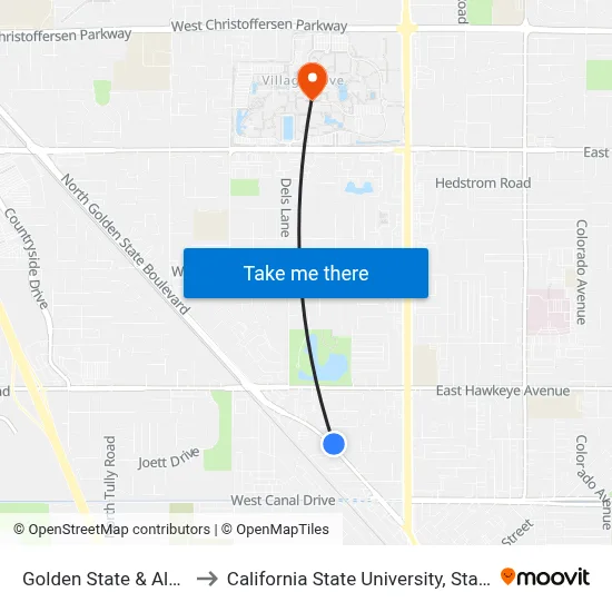 Golden State & Almond to California State University, Stanislaus map