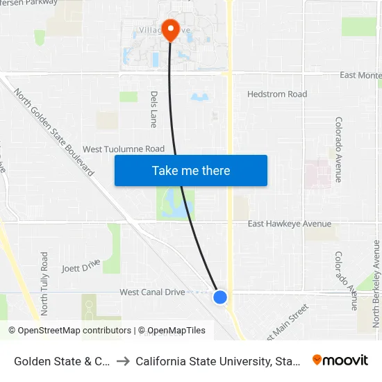 Golden State & Canal to California State University, Stanislaus map