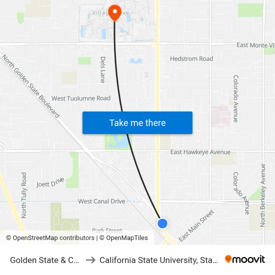 Golden State & Center to California State University, Stanislaus map