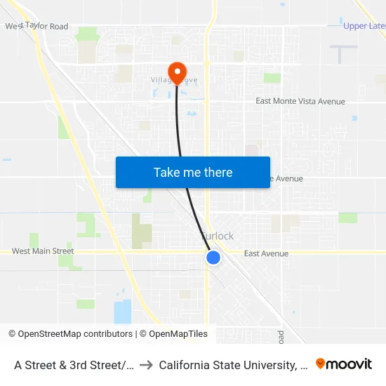 A Street & 3rd Street/City Hall to California State University, Stanislaus map