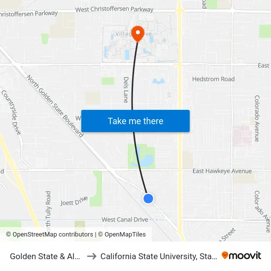 Golden State & Almond to California State University, Stanislaus map