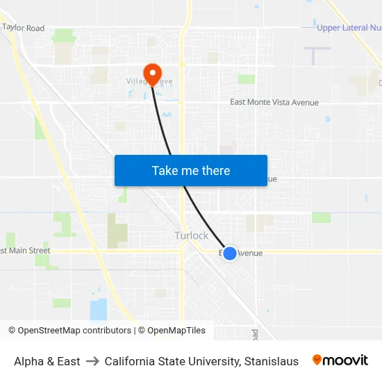 Alpha & East to California State University, Stanislaus map