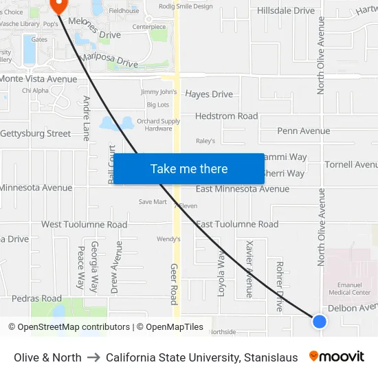 Olive & North to California State University, Stanislaus map