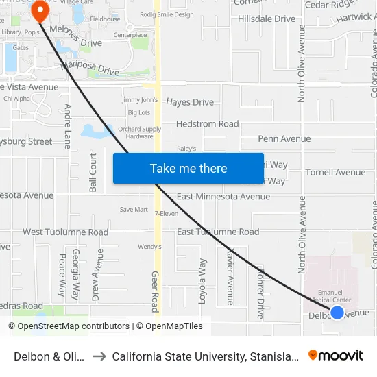 Delbon & Olive to California State University, Stanislaus map