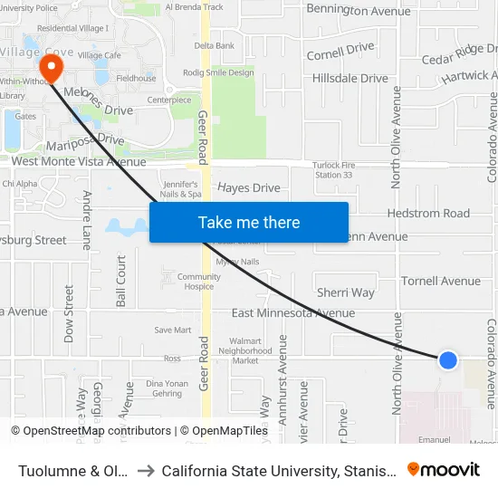 Tuolumne & Olive to California State University, Stanislaus map