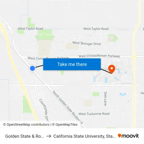 Golden State & Roberts to California State University, Stanislaus map