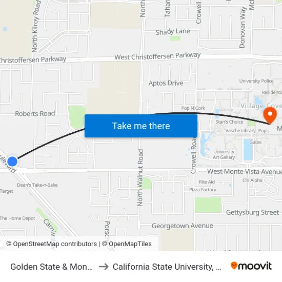 Golden State & Monte Vista to California State University, Stanislaus map