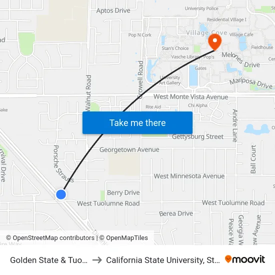 Golden State & Tuolomne to California State University, Stanislaus map