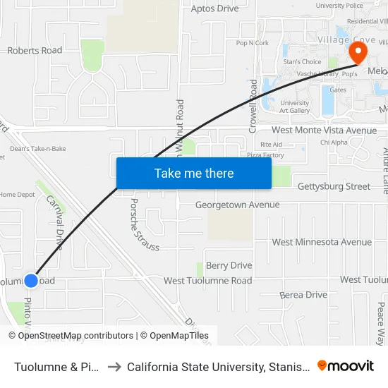 Tuolumne & Pinto to California State University, Stanislaus map