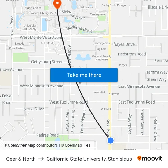 Geer & North to California State University, Stanislaus map