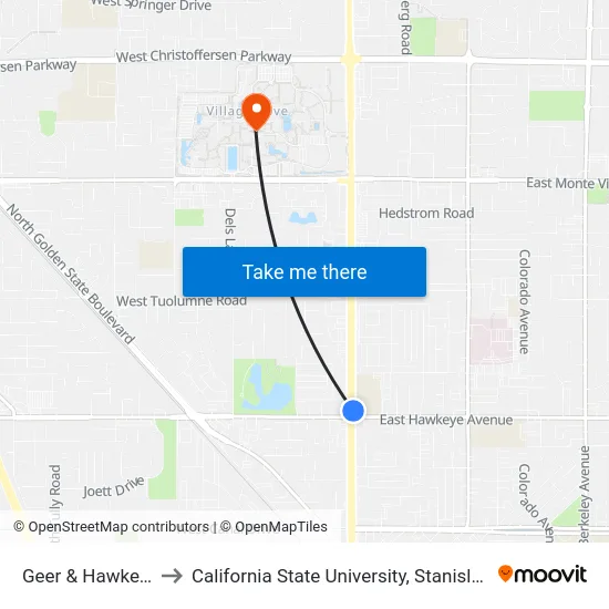 Geer & Hawkeye to California State University, Stanislaus map